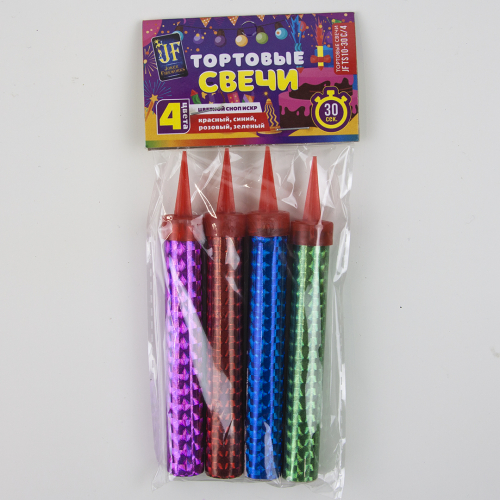 фонтан тортовый 30 сек,цветное пламя, 10 см, 4 шт., китай